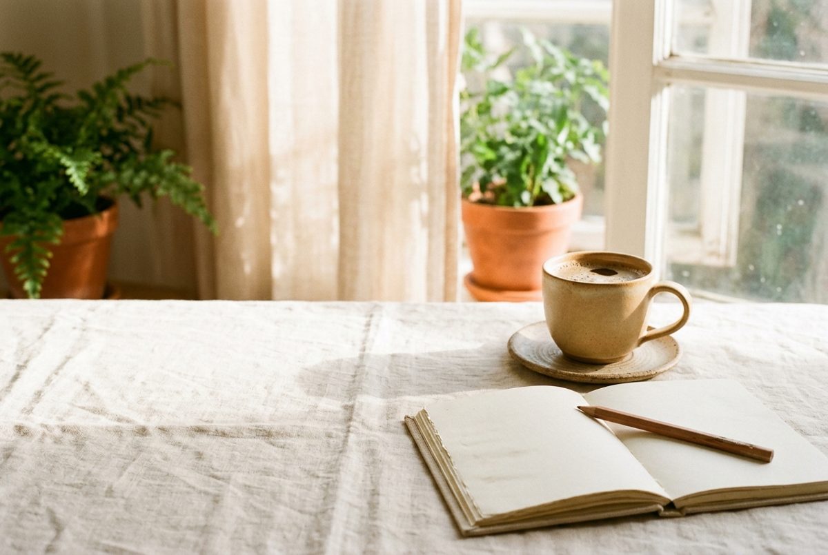 A cup of coffee and an open notebook in soft morning light